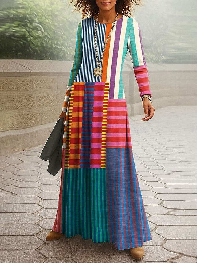 Women's Maxi Dress Vintage Bohemian A Line Dress Crew Neck Long Sleeve Casual Daily Regular Fit Graphic Geometric Red Blue Orange Spring Fall Winter4