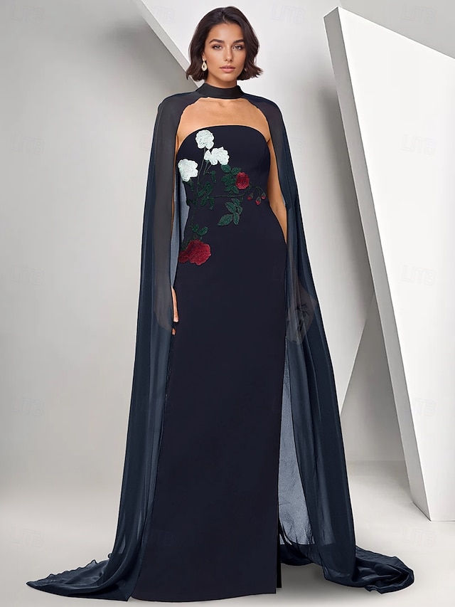  Robe à fleurs brodée, robe cape, robe fourreau/colonne, robe de soirée, crêpe extensible, robe élégante, robe de mariée formelle, longueur au sol, sans manches, sans bretelles, 2025