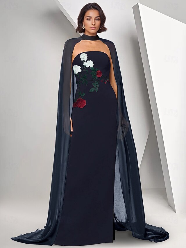 Embroidered Floral Dress Cape Dress Sheath / Column Evening Gown Stretch Crepe Elegant Dress Formal Wedding Floor Length Sleeveless Strapless4