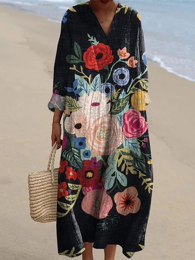  Femmes Robe Midi Robe Décontractée Robe Imprimée Mode Moderne Quotidien Plage Week-end Coupe régulière Fleuri manche longue Col en V Noir Jaune Vert Printemps Automne