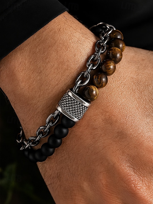  Pulseira masculina de corrente com contas de pedra natural – pulseira ajustável de dois fios com fecho de alavanca para moda casual, urbana e de festa