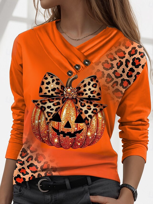 Halloween Women's T shirt Pumpkin Vintage Stylish Casual Long Sleeve V Neck Regular Tops Daily Buttons Print Black Yellow Orange Fall Winter4