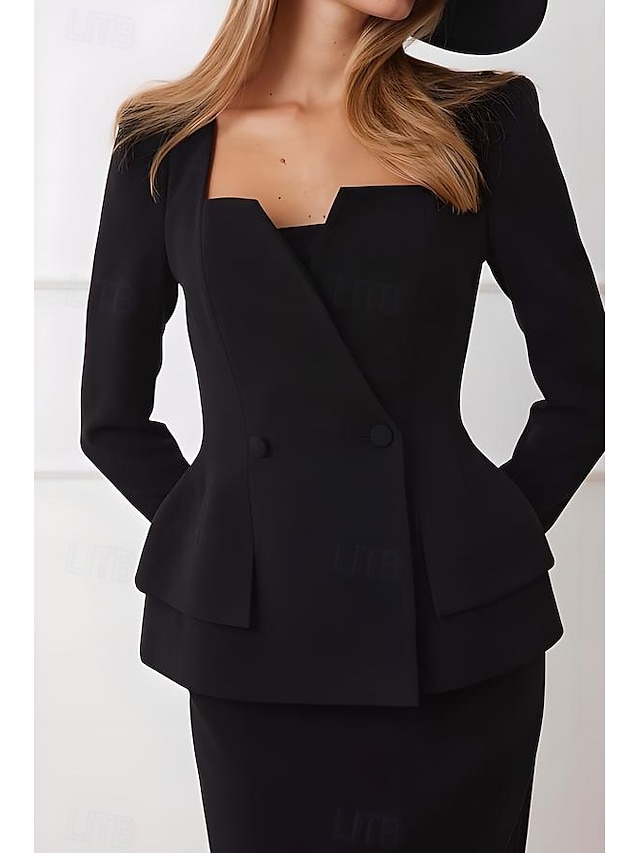  Haut de costume pour femme, haut péplum en crêpe extensible, élégant, simple, col carré, manches longues, avec boutons, couleur unie, 2025
