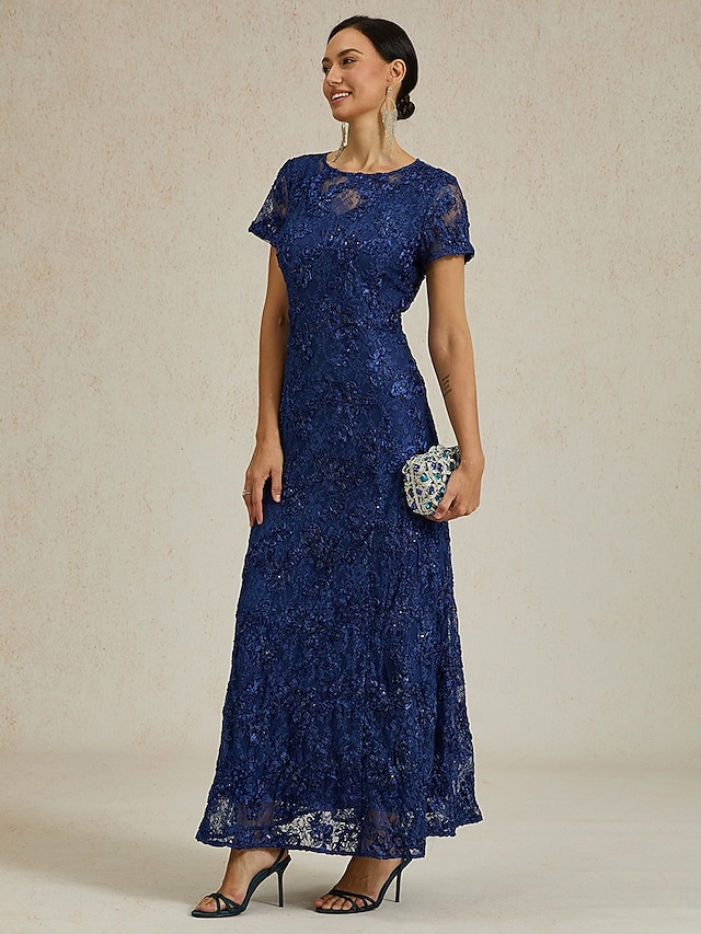  Dam Maxiklänning Sheath Dress Elegant party cocktail Normal Ensfärgat Kortärmad Rund hals Marinblå