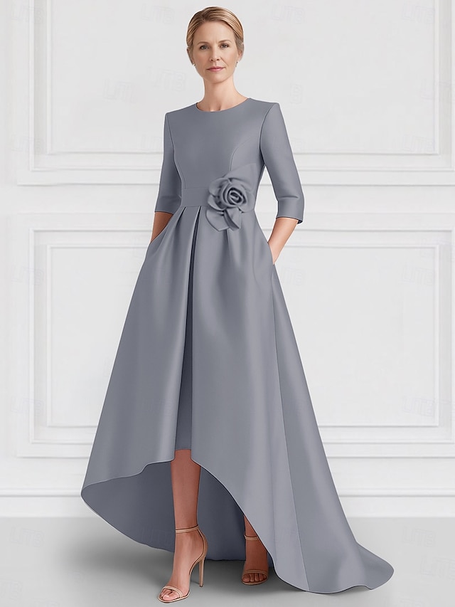  A-Linie Abendkleid Elegantes Kleid Formal Hochzeit Asymmetrisch Halber Ärmel Crew-Ausschnitt Mutter der Braut Kleid Stretch Satin mit Tasche