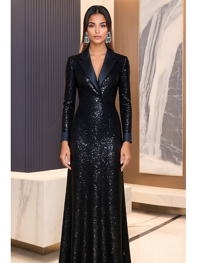  Black Tuxedo Dress A-Line Evening Gown Blazer Dress Formal Wedding Floor Length Long Sleeve V Neck Satin Peak Lapel with Stretch Sequin 2025