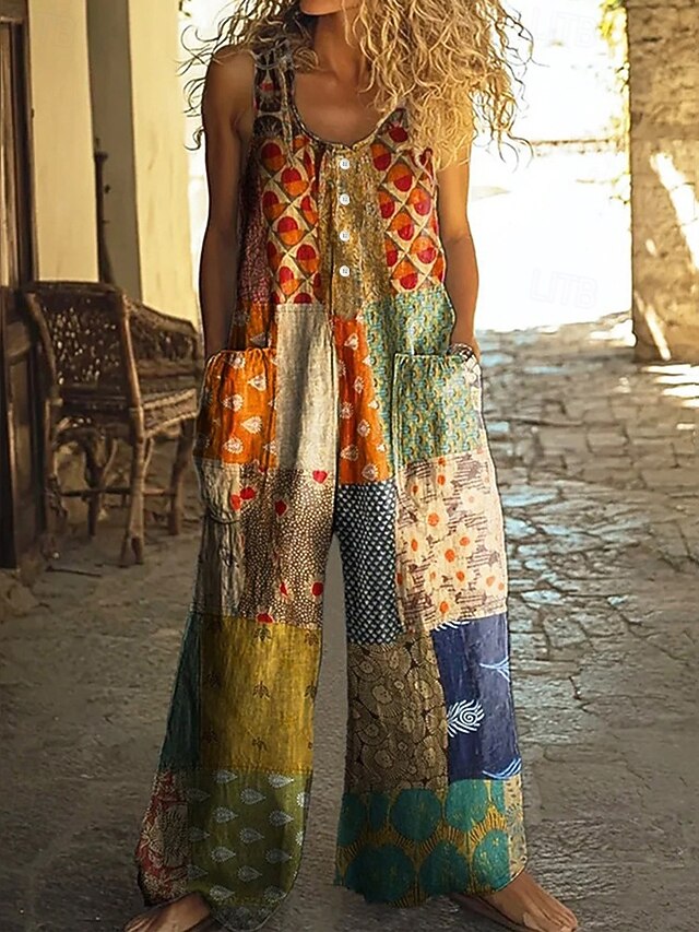 Women's Normal Jumpsuit Casual Color Block Sleeveless Wide Leg Round Neck Patchwork Street Daily Regular Fit Orange Summer4