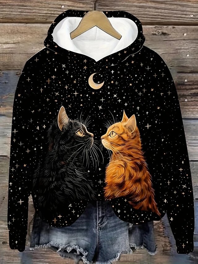 Women's Hoodie Pullover Sweatshirt Oversized Long Sleeve Casual Graphic Animal Cat Vintage Fashion Western Hooded Regular Tops Street Dailywear Holiday Print Front Pocket Black Fall Winter4