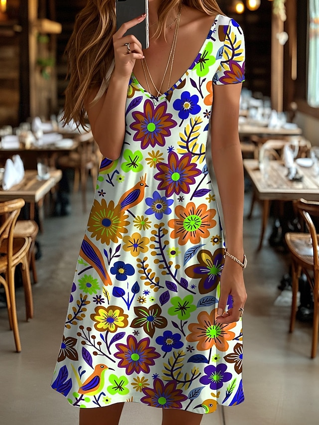  Women's Midi Dress Casual Dress T Shirt Dress Tee Dress Sundress A Line Dress Vacation Casual Beach Beach Regular Fit Floral Graphic Short Sleeve V Neck Yellow Red Blue Purple Summer Spring