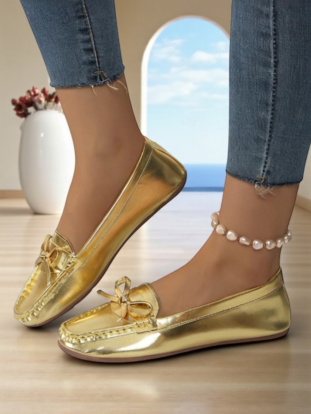  Damen-Mokassins mit goldfarbener Metallic-Schleife – bequeme Slipper, lässige und elegante flache Schuhe für Damen, perfekt für Partys, Reisen und den Alltag