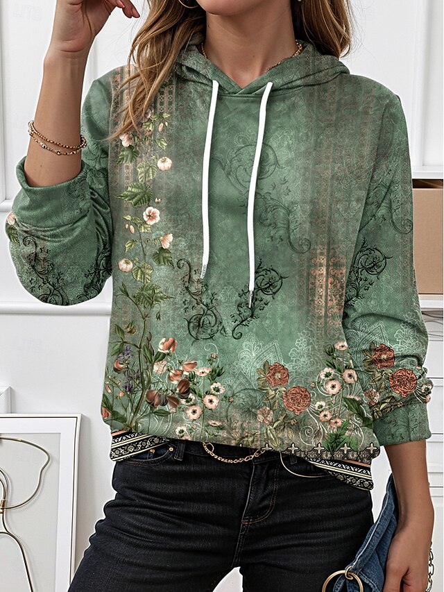 Women's Hoodie Pullover Sweatshirt Oversized Long Sleeve Casual Graphic Floral Warm Active Hooded Regular Tops Street Dailywear Patchwork Print Army Green Spring Fall Winter4