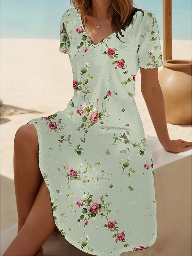  Damen Minikleid T-Shirt-Kleid Sommerkleid A Linie Kleid Urlaub Lässig Boho Ausgehen Strand Normale Passform Blumen Grafik Kurzarm V Ausschnitt Schwarz Hellgrün Blau Grün Sommer Frühling
