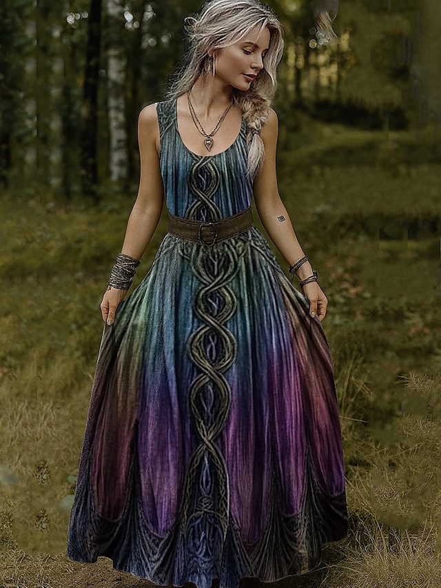  Dámské vintage vikingské šaty s keltskými uzly a gradientním uměním, skládané šaty, prázdninové ležérní boho plážové šaty, regular střih, grafický etnický střih, bez rukávů, výstřih do V, výstřih do U