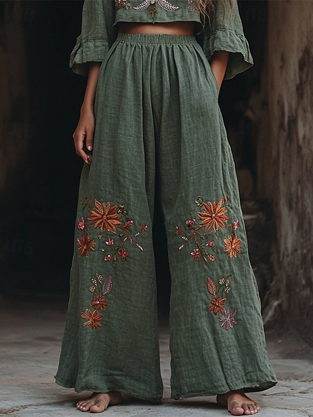 Women's Wide Leg Pants Trousers Palazzo Pants Fashion Boho Full Length High Waist Flower Elastic Waist Print Breathability Comfortable Street Daily Wear Going out Army Green Spring Fall Regular Fit4