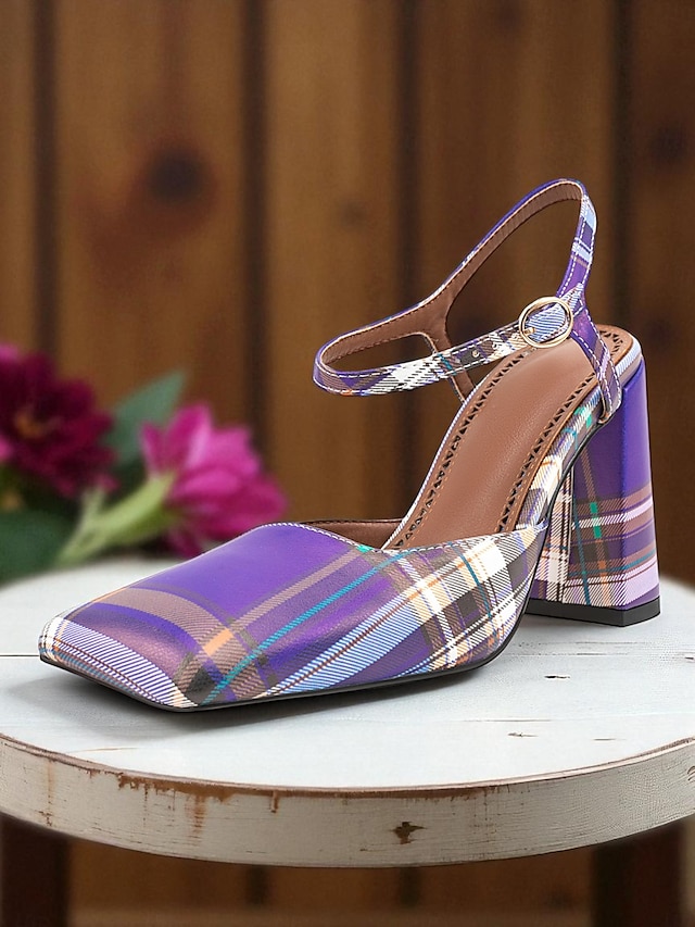  Women's Purple Plaid Block Heel Pumps –1970s Retro Square Toe High Heels with Ankle Strap for Daily Wear, Office & Vintage Outfits