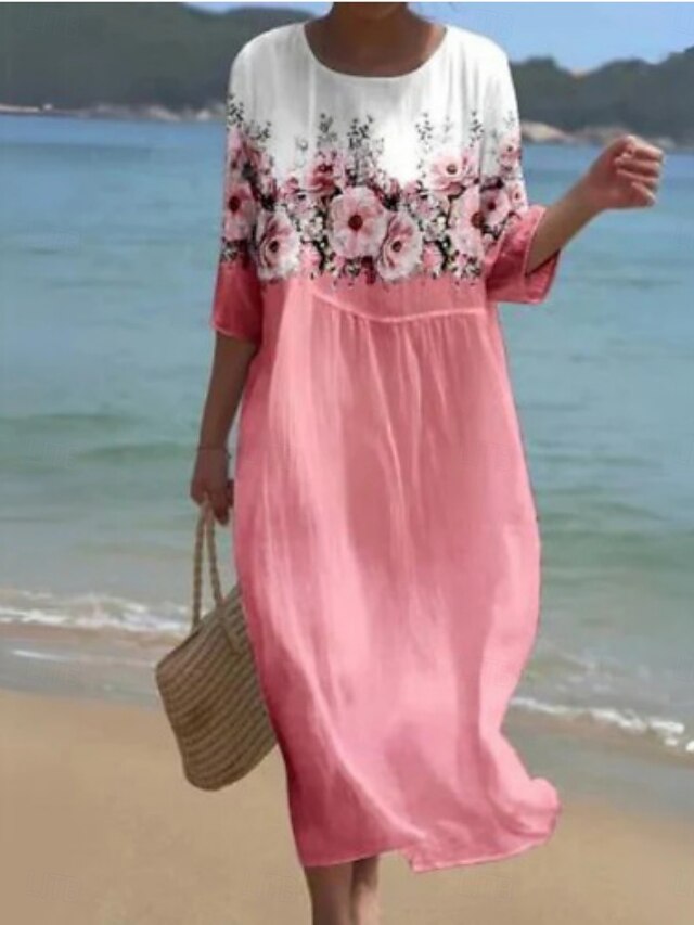 Women's Midi Dress Casual Dress Print Dress Fashion Modern Daily Beach Weekend Regular Fit Floral 3/4 Length Sleeve Crew Neck White Pink Green Spring Fall Autumn4