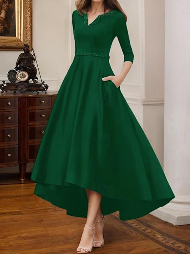 Robe de cocktail trapèze élégante, robe de soirée formelle, longueur thé, robe asymétrique, manches mi-longues, col en V, satin extensible avec poche à perles, 2025