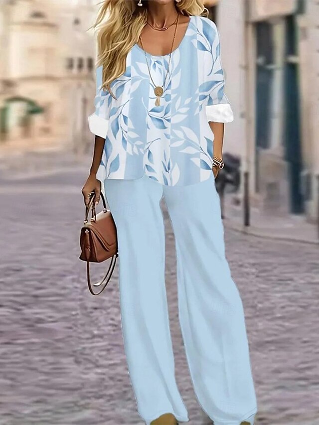 Women's Vacation Daily Stylish Shirt Blouse Sleeveless 3/4 Length Sleeve Round Neck U Neck Floral Graphic Print Outdoor Vacation Casual Blue Green Summer Regular Fit3