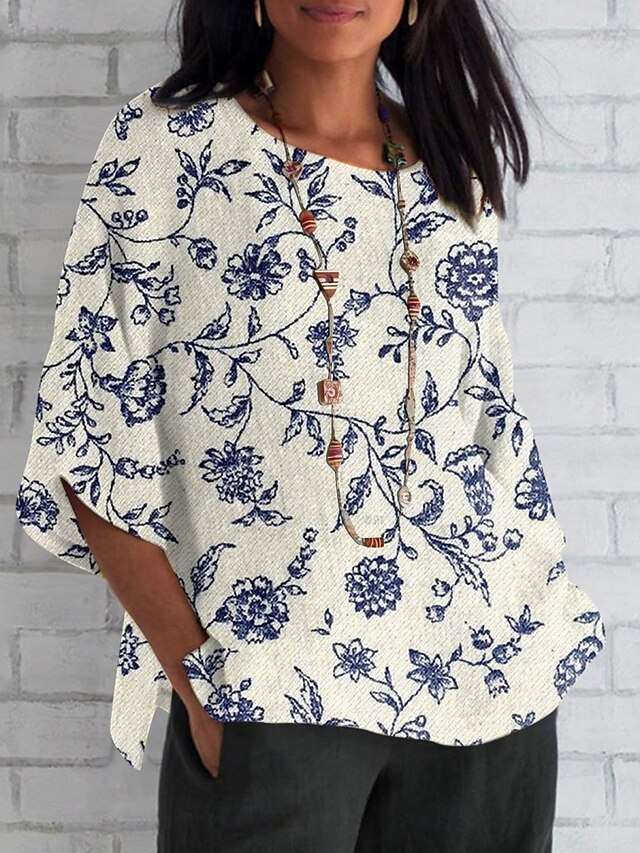 Women's Shirt Floral Daily Casual 3/4 Length Sleeve Crew Neck Regular Tops Daily Holiday Print Black Blue Apricot Summer Spring Fall4