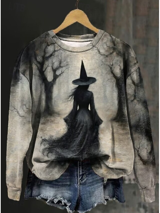 Halloween Women's Pullover Sweatshirt Witch Graphic Fashion Casual Long Sleeve Round Neck Regular Tops Street Dailywear Casual Print Blue Light Grey Dark Gray Fall Winter4