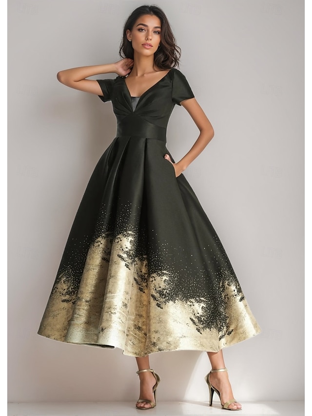  Schwarzes, goldenes A-Linien-Cocktailkleid, elegantes Kleid für formelle Hochzeiten, knöchellang, kurze Ärmel, V-Ausschnitt, Tasche, Satin mit Blumendruck 2025
