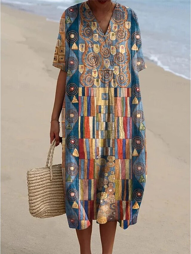  Per donna Abito Midi Vestito Estivo Abito a trapezio Vacanza Casual Spiaggia Feste Uscire Spiaggia Vestibilità comoda Grafico Geometrico Manica Corta Scollo a V Giallo scuro Rosa Blu Arancione Estate