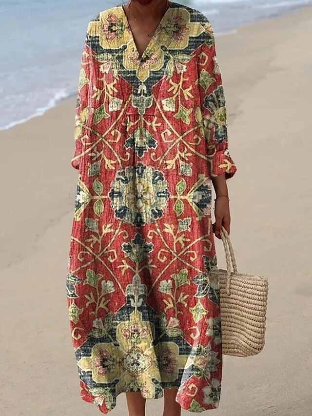  Pentru femei Rochie Maxi Rochie de Vară Rochie A line Vacanță Casual Ieșire Potrivire Largă Floral Grafic Imprimeu Paisley Manșon Lung În V Roz Deschis Negru Roz Închis Portocaliu Vară Primăvar