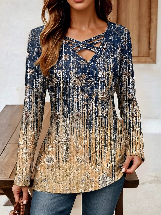 Women's T Shirt Ombre Graphic Striped Vintage Stylish Classic Long Sleeve V Neck Regular Tops Daily Tassel Tie Print Khaki Spring Fall4