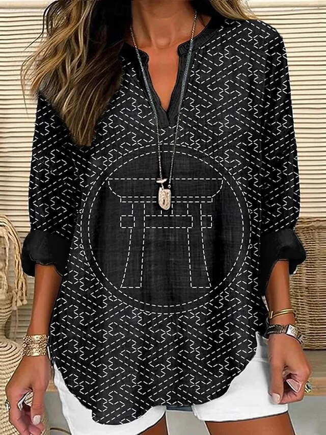Women's Shirt Geometric Daily Casual Long Sleeve V Neck Regular Tops Daily Holiday Buttons Print Black Navy Blue Spring Fall4