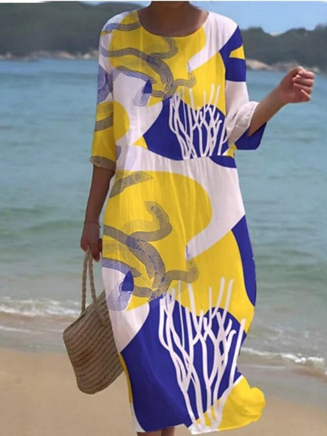 Women's Midi Dress Casual Dress Print Dress Fashion Modern Daily Beach Weekend Regular Fit Floral 3/4 Length Sleeve Crew Neck Yellow Green Spring Fall Autumn4