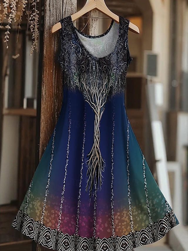  Women's Tree of Life Merkabah Mini Dress Sundress A Line Dress Vacation Casual Boho Wedding Party Going out Regular Fit Floral Graphic Leaf Sleeveless U Neck Yellow Red Blue Summer Spring