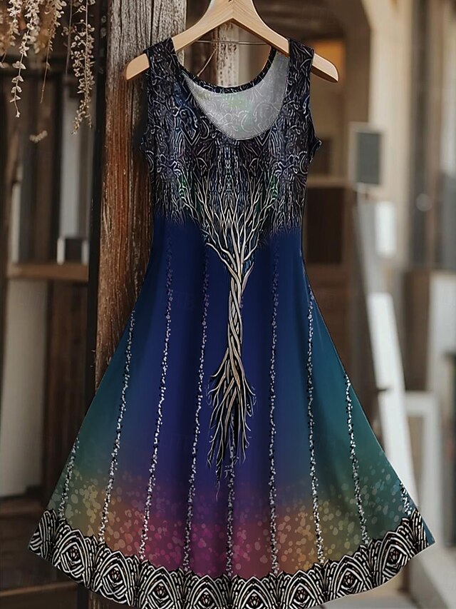 Women's Tree of Life Merkabah Mini Dress Sundress A Line Dress Vacation Casual Boho Wedding Party Going out Regular Fit Floral Graphic Leaf Sleeveless U Neck Yellow Red Blue Summer Spring4