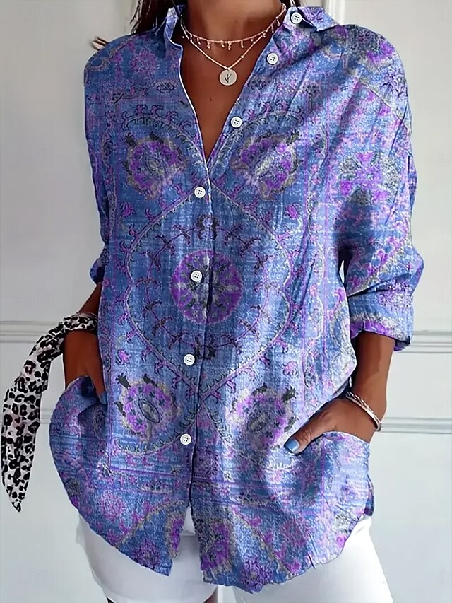 Women's Shirt Button Down Tunic Shirt Collar Long Sleeve Floral Graphic Elegant Vintage Tropical Regular Tops Daily Holiday Beach Wear s Print Light Purple Spring Fall4