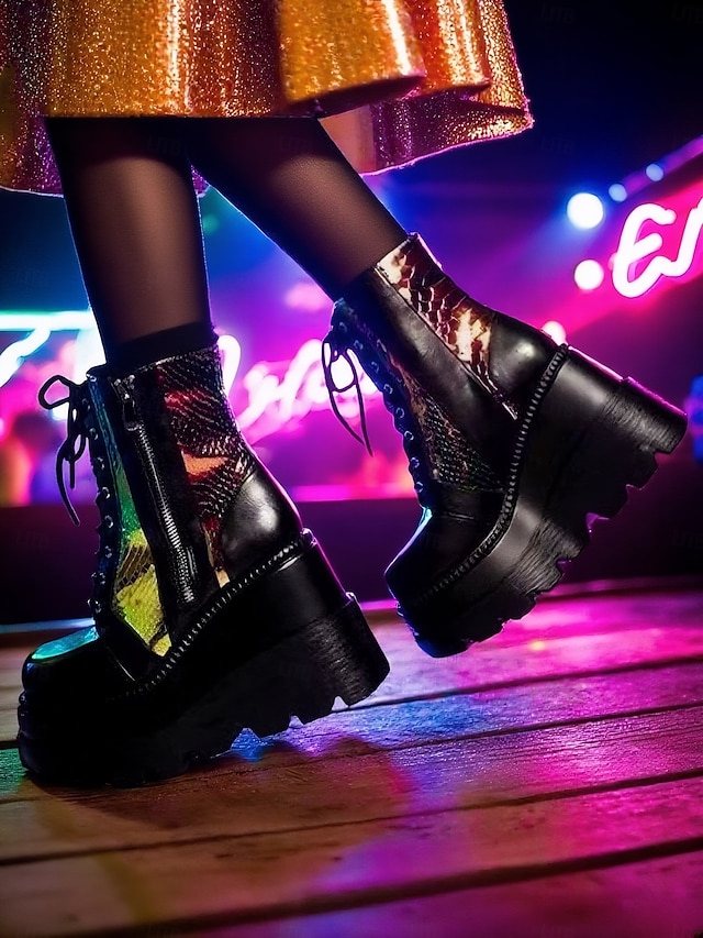  Botas de combate femininas plataforma rosa, botas de cano curto holográficas com cadarço e salto grosso com zíper lateral, estilo de rua ousado para vida noturna e roupas de festa