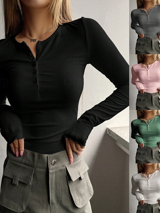  Damen Bluse Einfarbig Stilvoll Basic Lässig Langarm Rundhalsausschnitt Normale Oberteile Täglich Knöpfe Schwarz Weiß Rosa Grün Grau Sommer Frühling Herbst