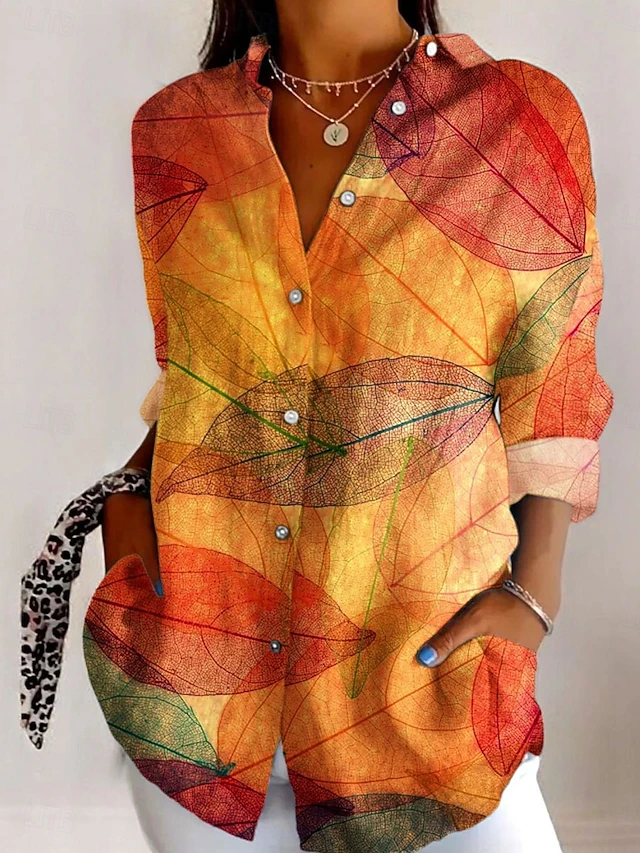 Women's Shirt Button Down Tunic Shirt Collar Long Sleeve Graphic Leaves Elegant Vintage Tropical Regular Tops Work Daily s Print Pink Orange Green Spring Fall4