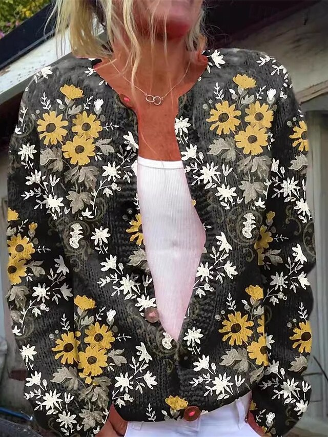 Women's Sweater Cardigan Fashion Streetwear Daily Floral Ribbed Open Front Knitted Print Long Sleeve Crop Tops Knit Holiday Going out Weekend Yellow Blue Fall Winter4