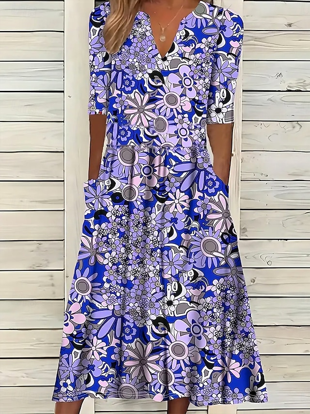  Damen Midikleid Freizeitkleid Sommerkleid Shiftkleid A Linie Kleid Urlaub Lässig Normale Passform Blumen Grafik Halbarm Einkerbiger Ausschnitt Purpur Sommer Herbst