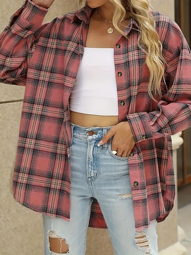  Damen Übergröße Bluse Täglich Langarm Hemdkragen Normale Oberteile Täglich Tasche Rosa Frühling Herbst