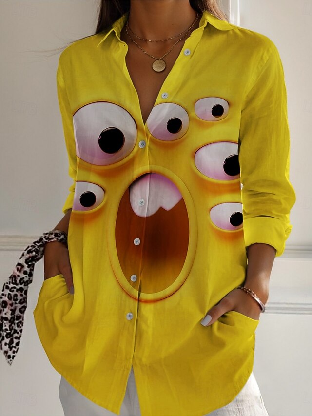 Women's Cartoon Funny Smile Face Shirt  Active Daily Stylish Long Sleeve Shirt Collar Regular Tops Daily Holiday Buttons Print Yellow Spring Fall4