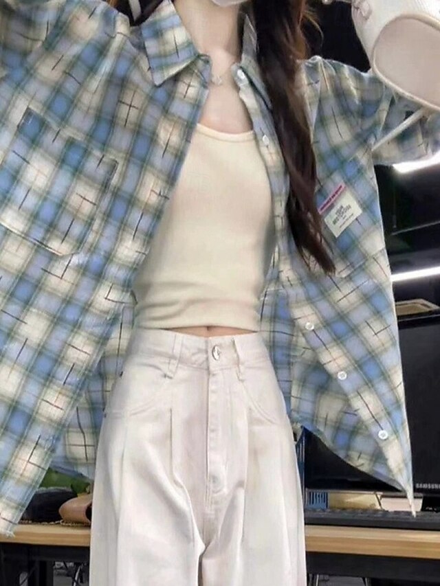 Women's Shirt Plaid Daily Stylish Basic Long Sleeve Shirt Collar Regular Tops Work Daily Holiday Buttons Yellow Pink Blue Spring Fall4