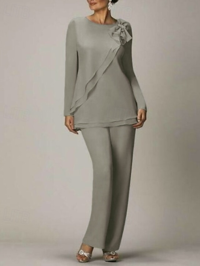  Strandbryllup to-delt jumpsuit  buksedress mor til bruden bryllups gjest elegant pluss størrelse juvelhals gulvlengde chiffon lang erme med sløyfe(r) volanger