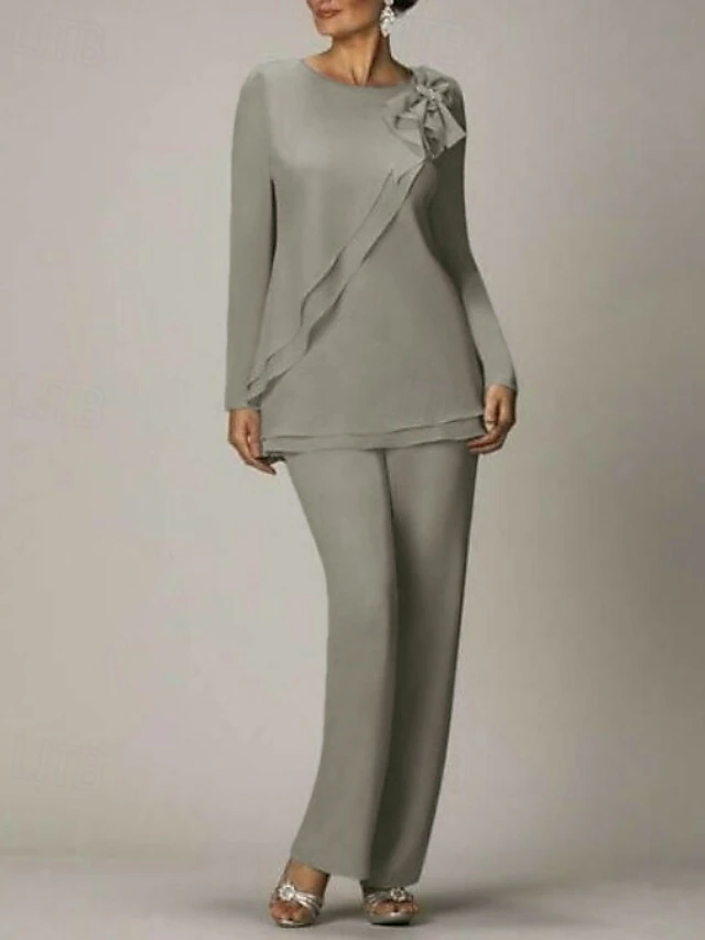 Beach Wedding Two Piece Pantsuit Mother of the Bride Wedding Guest Elegant Plus Size Jewel Neck Floor Length Chiffon Long Sleeve with Bow(s) Ruffles 17