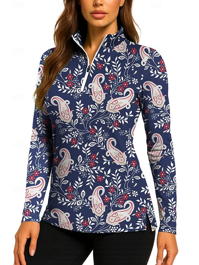 Women's Golf Polo Shirt Tennis Shirt Tennis Tee Long Sleeve Print Quarter Zip Pullover UV Protection Elastic Breathable Volleyball Tennis Golf Zip Collar Shirt Polo Dark Navy Tennis Clothing4