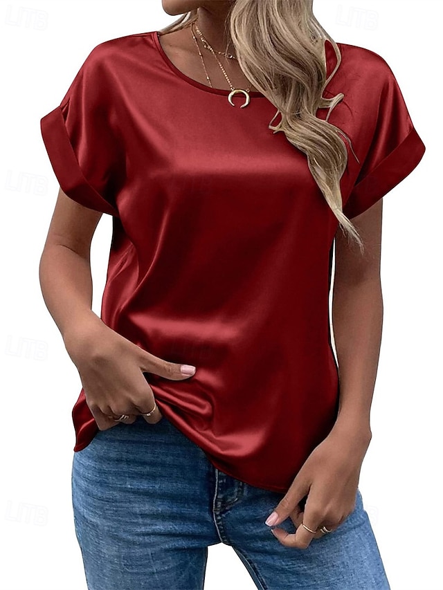 dames t-shirt top effen mode modern korte mouw ronde hals normaal satijnen topjes dagelijks uitgaan weekend wijn legergroen marineblauw kaki beige zomer