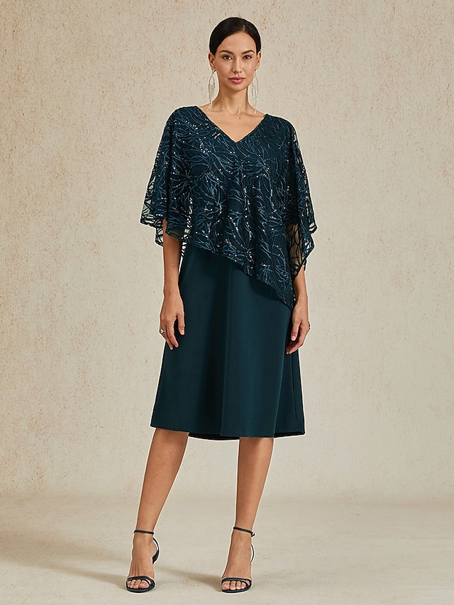  Women's Tea Length Formal Dress A Line Dress Cape Dress Elegant Wedding Wedding Guest Cocktail Party Regular Fit Plain Half Sleeve V Neck Dark Green Summer Spring Fall