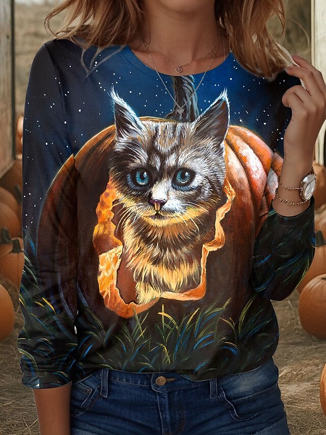 Dakota Daetwiler Halloween Women's T shirt Pumpkin Crew Neck Long Sleeve Tunic Graphic Animal Cat Vintage Stylish  Round Neck Regular Tops Daily Weekend Print Orange Fall Winter4