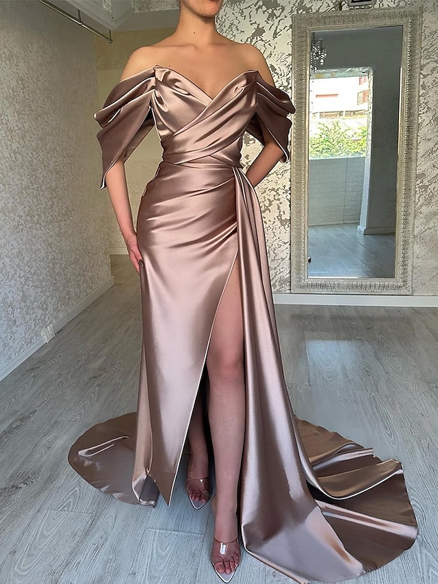  Mermaid / Trumpet Evening Gown Elegant Dress Formal Wedding Court Train Flowy Dress Sleeveless Sweetheart Satin with Pleats Ruched Slit 2025