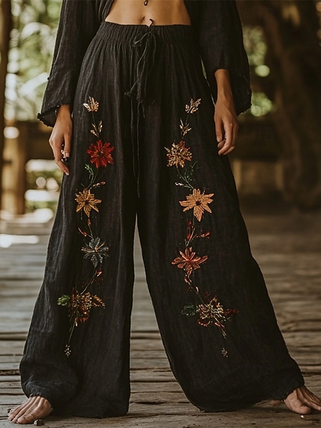  Dam Brett skaft Byxor Palazzo byxor Ledigt Boho Fullängd Hög midja Blomma Elastisk midja Snörning Mönster Mateial som andas Bekväm Gata Dagliga kläder Utekväll Svart Vår Höst Normal