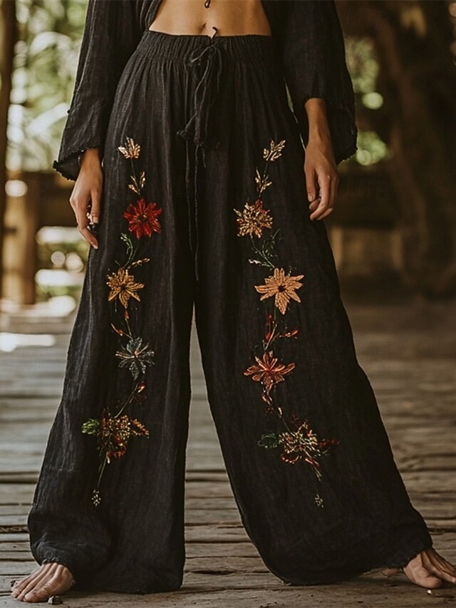 Women's Wide Leg Pants Trousers Palazzo Pants Casual Boho Full Length High Waist Flower Elastic Waist Drawstring Print Breathability Comfortable Street Daily Wear Going out Black Spring Fall Regular4